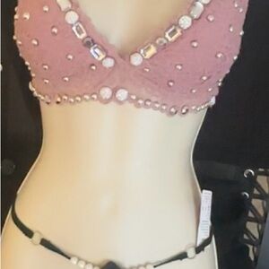 Embellished Pink Lace Bralette with micro pearl gstring